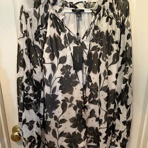 Black and White Relaxed Tie Front‎ Blouse